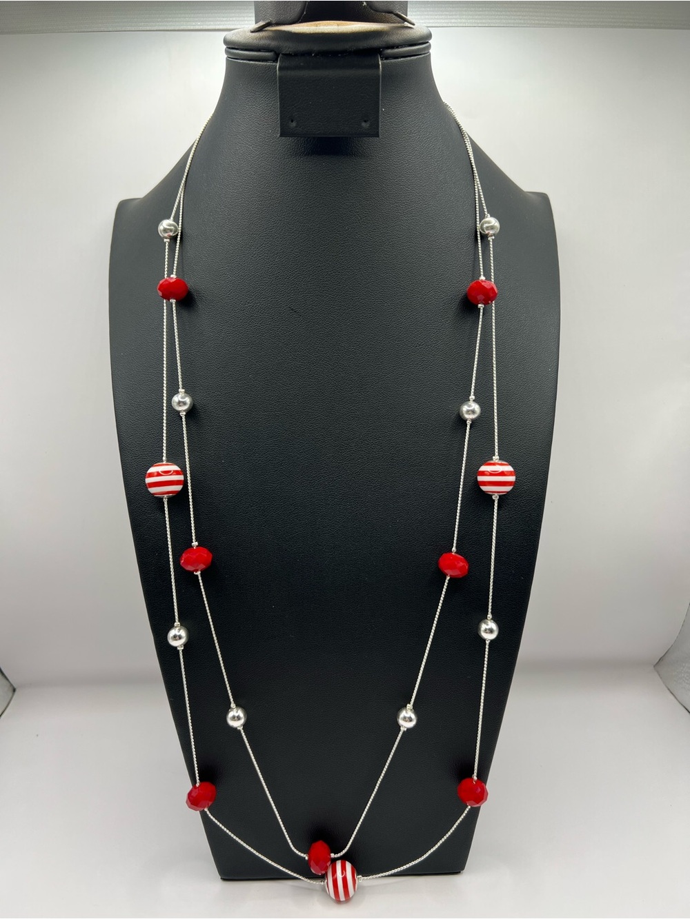 Red Beaded Long Necklace with Silver Accents - Women Jewelry